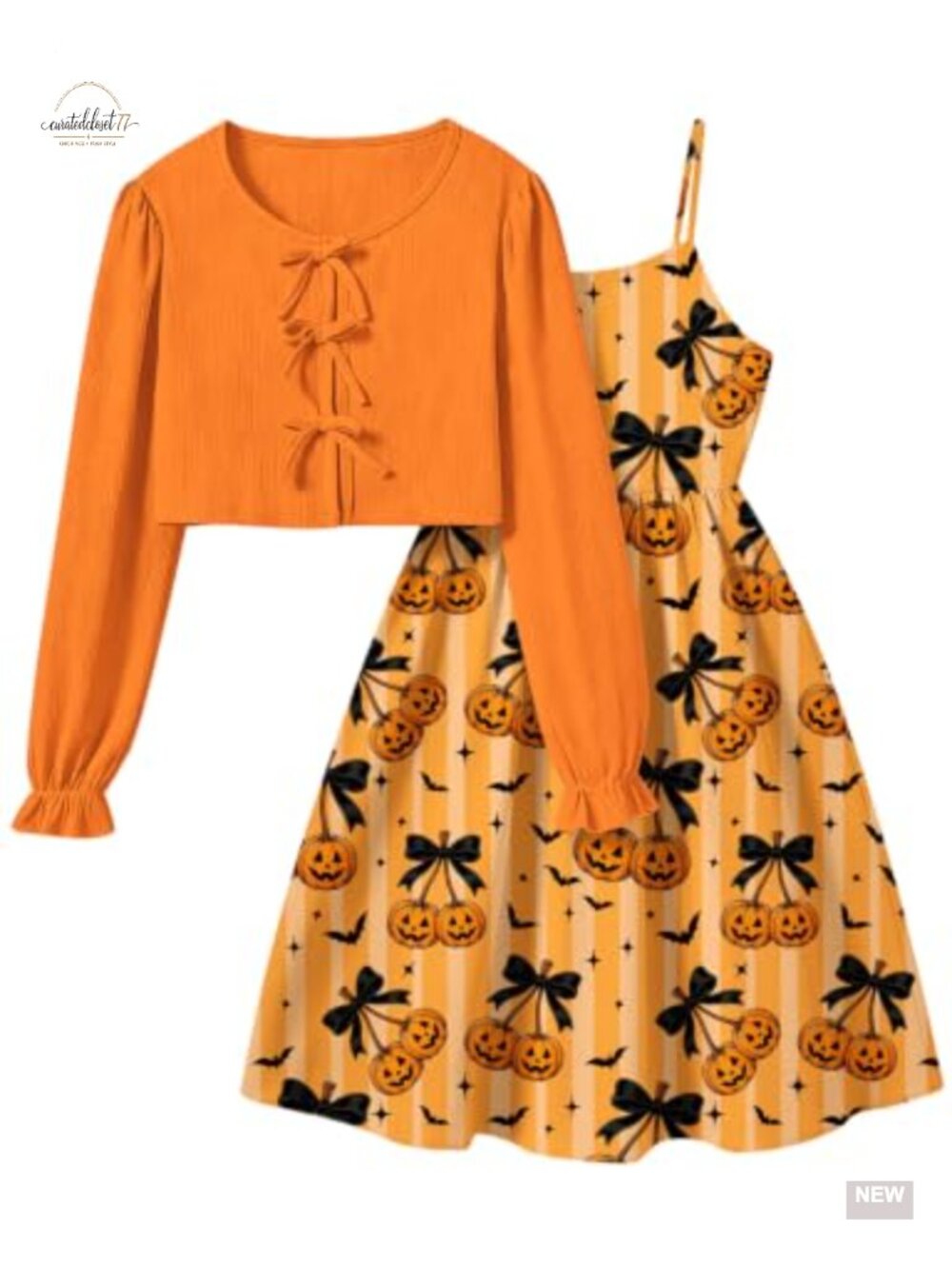 Girls 2 Piece Dress Set Long Sleeve Top Adjustable Strap A-Line Dress